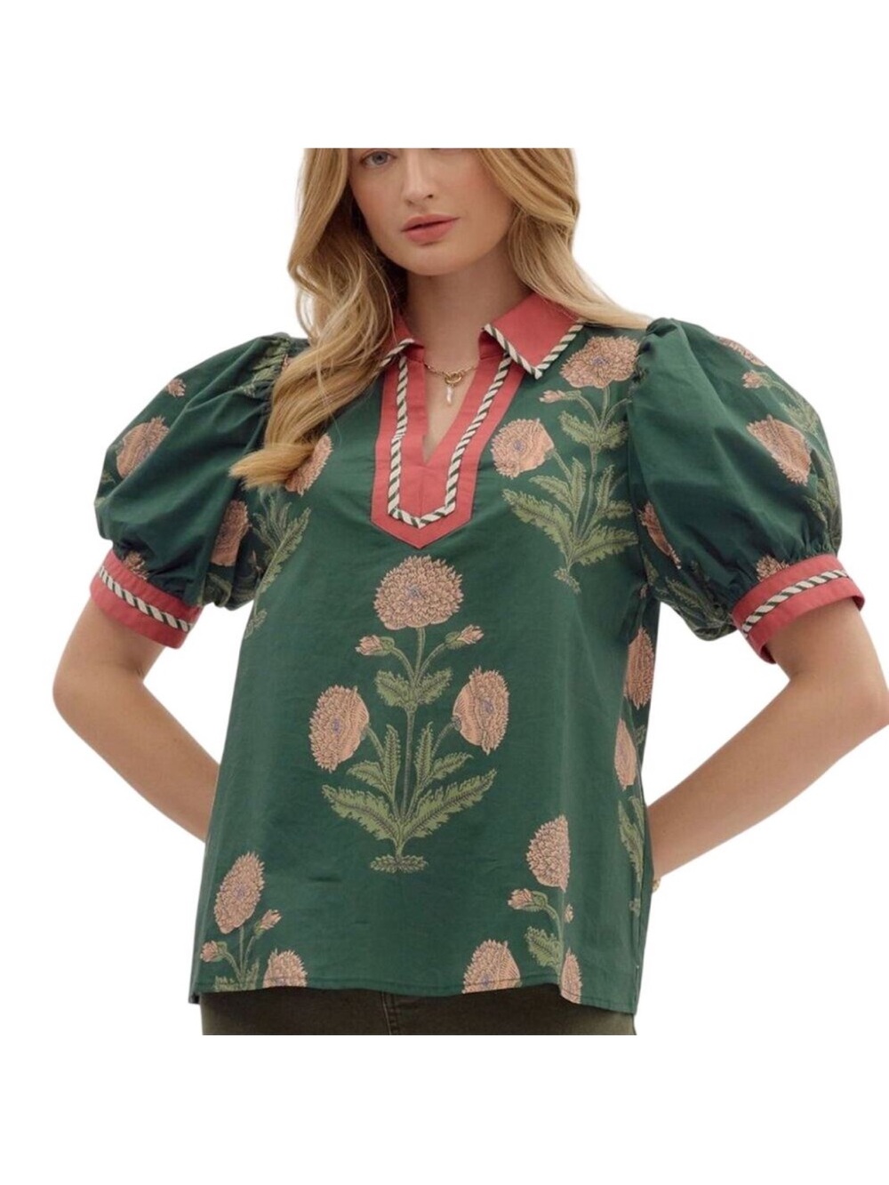entro Green Floral Puff-Sleeve Blouse with Pink Trim NWT~Size M 🌷